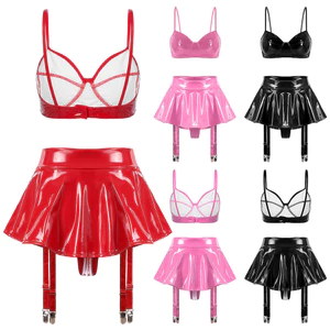 Nyeemya Phụ Nữ Ướt Nhìn Da PU Clubwear Không Dây Áo Bra Top Và Váy Mini Xù Xù Kèm Kẹp Garter Cho Hộp Đêm Rave Đảng