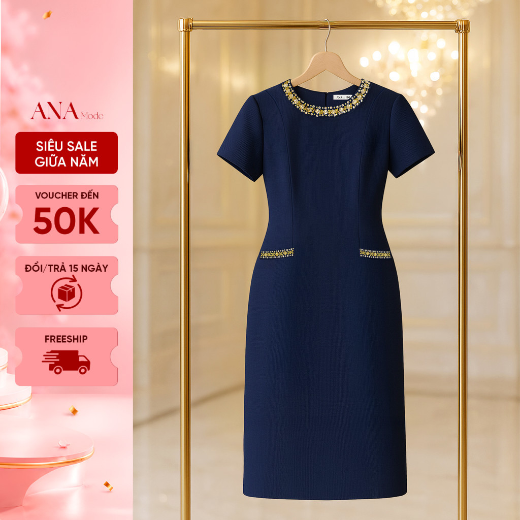 Đầm Kết Cườm Trung Niên ANA Mode Chất Liệu Dệt Thoi Thanh Lịch Đi Tiệc Quà Tặng Mẹ DM25CHE09