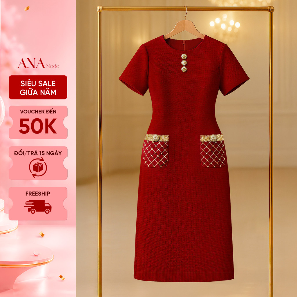 Đầm Kết Cườm Trung Niên ANA Mode Chất Liệu Dệt Thoi Thanh Lịch Đi Tiệc Quà Tặng Mẹ DM25CHE10