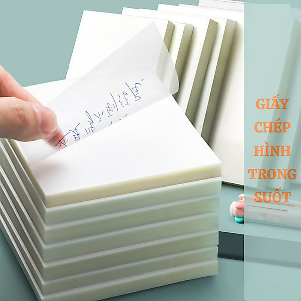 Giấy ghi chú trong sut, chống thấm nước, tự dính; thích hợp  ghi chú và  vẽ; có thà tái sử dụng.