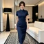 WHX [Sườn xám dài vừa phải] Đầm mỏng kiểu dáng sườn xám dài họa tiết xương cá Sườn xám cổ điển