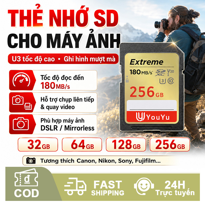 Thẻ nhớ máy ảnh (thẻ SD) 32GB, 64GB, 128GB: Ghi và chụp tốc độ cao, phù hợp với máy ảnh và máy quay phim.