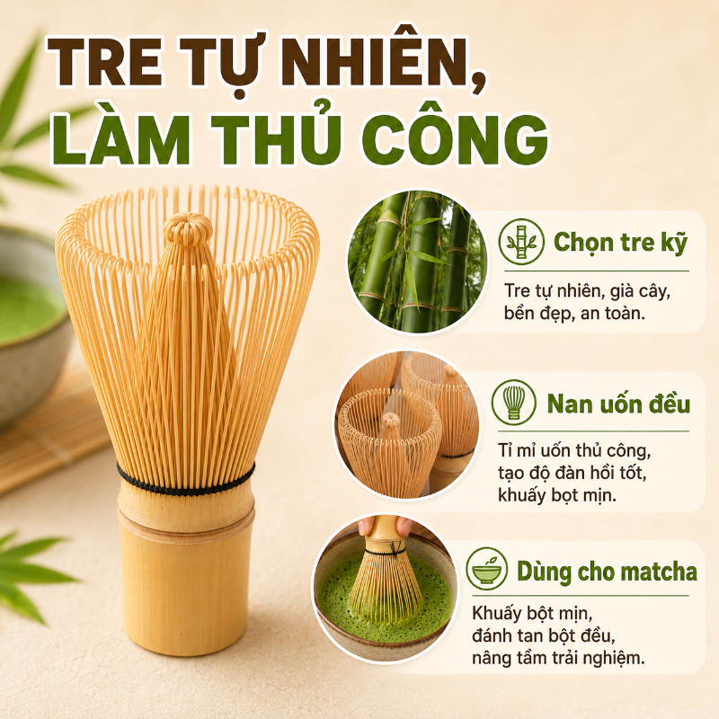 Chổi Chasen Đánh Trà Matcha Bằng Tre 80 100 120 Sợi Kiểu Nhật Dụng Cụ Pha Trà Xanh Cao Cấp