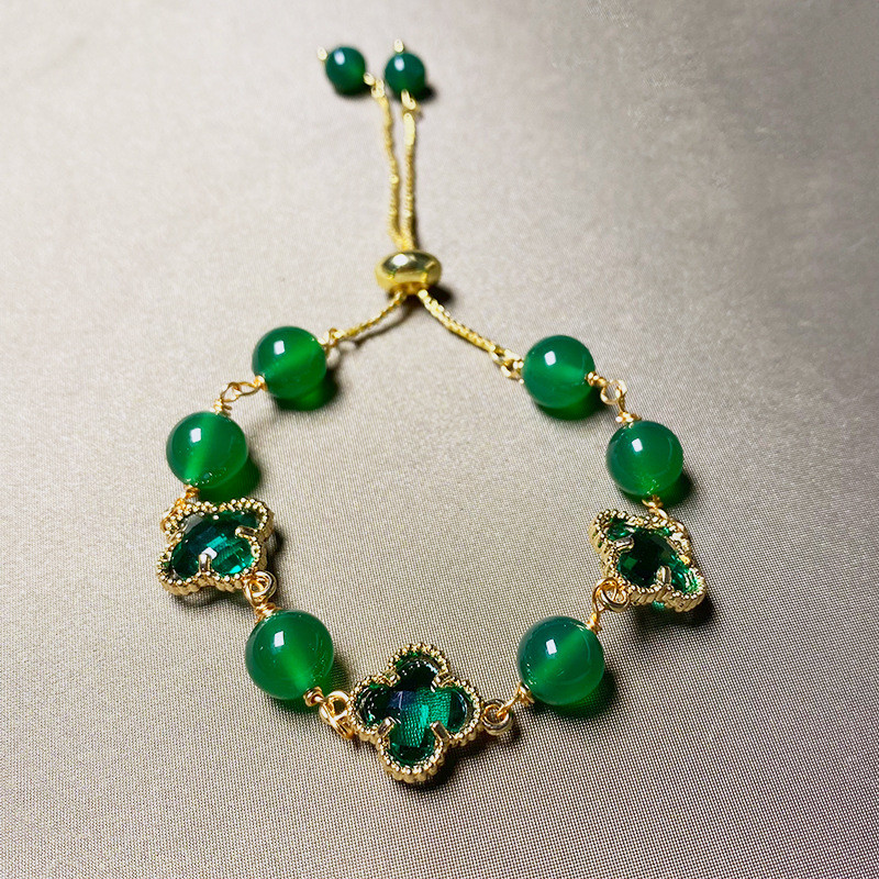Vòng tay nữ cỏ bốn lá may mắn chalcedony màu xanh lá cây
