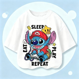 Áo Thun Hè Trẻ Em Màu Trắng In Stitch & Trà Sữa, Chất Vải Bông Mềm Thấm Mồ Hôi COD
