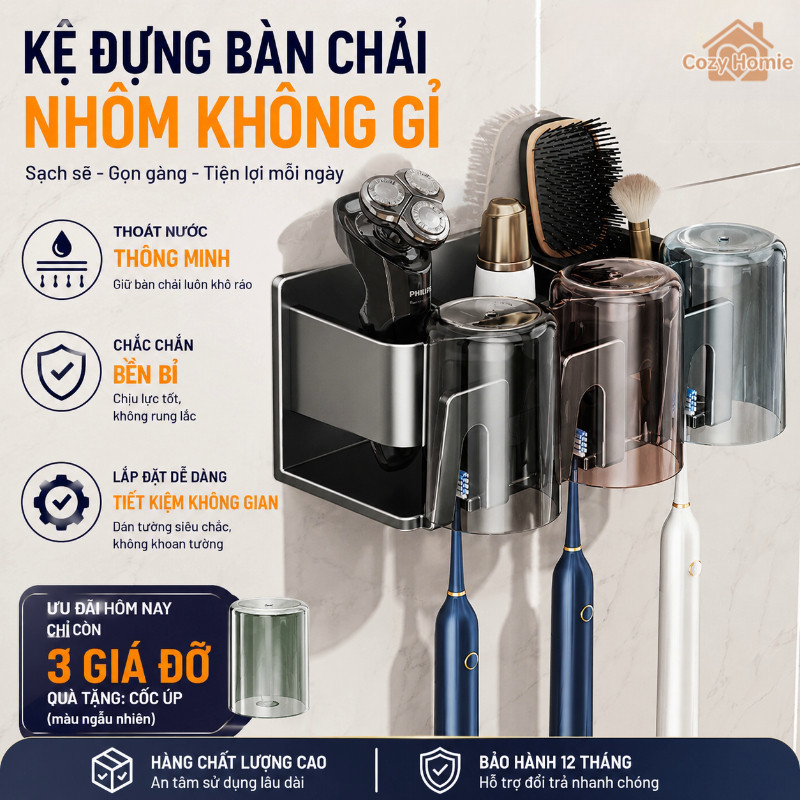 Kệ treo bàn chải đánh răng nhôm không gỉ dày dặn tiết kiệm không gian lắp dễ kèm cốc nhựa bộ 3 bộ 4