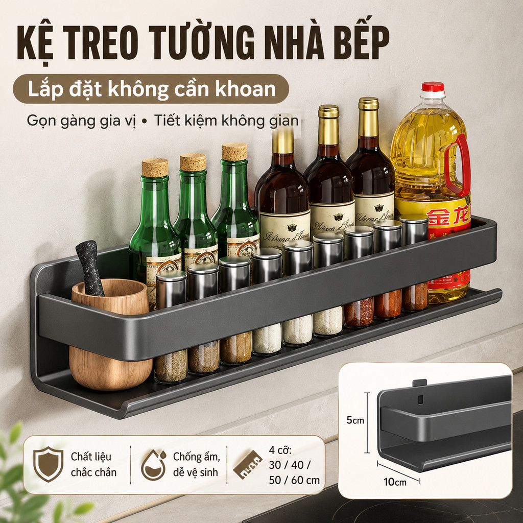 Kệ Gia Vị Nhà Bếp Thép Carbon - Đa Năng, Lắp Dán/Khoan Tường, Chịu Lực Tốt, Không Gỉ
