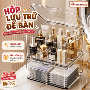 Hộp Đựng Đồ Để Bàn Trong Suốt HomeMate Có Nắp, Kệ Lưu Trữ Acrylic Chống Bụi Decor Bàn Học Văn Phòng
