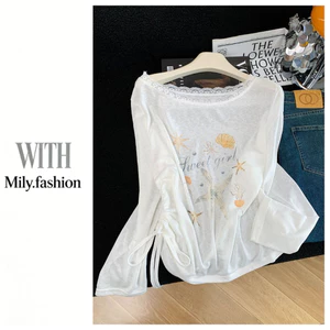 Milyfashion Trắng In Hình Áo Thun Dài Tay Mùa Hè Mỏng Viền Ren Slanted Vai Top Dây Rút Xếp Ly Kem Chống Nắng 3OAE