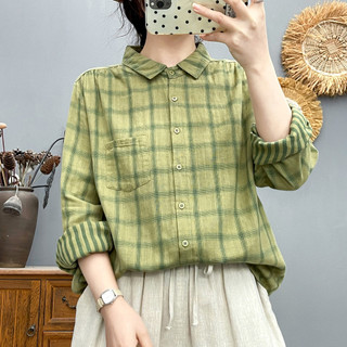 [Hàng có sẵn] Áo sơ mi nữ 100% Cotton chất lượng cao Kẻ sọc dài tay mềm mại thân thiện với da và thoáng khí Áo nhuộm hai mặt dáng rộng đa năng