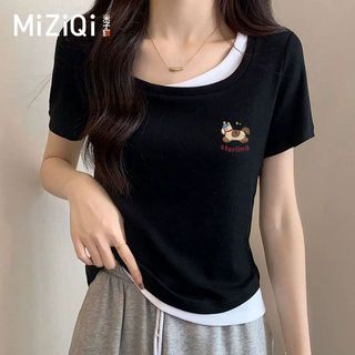 [MIZIQI] Áo thun ngắn tay hai mảnh cổ vuông giả dành cho nữ, Áo ngắn dáng rộng mùa hè