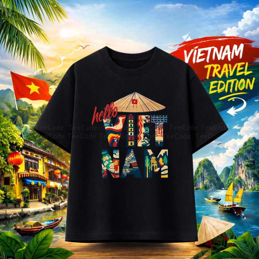 （Giao hàng 24h）Angela Áo Thun Việt Nam Du Lịch Phượt Nhóm Team HELLO NÓN LÁ Form Rộng Nam Nữ Unisex Local