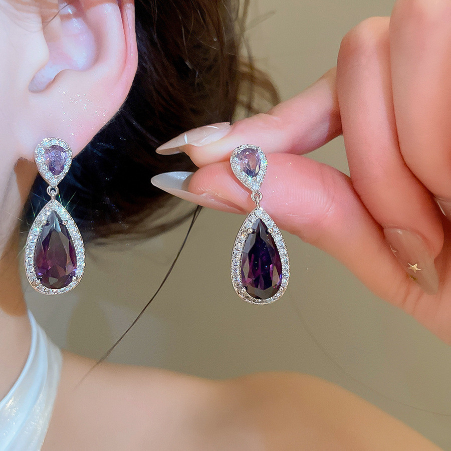 Bông tai thả CZ màu bạc, Bông tai Dangle hai tầng Halo Zircon đôi hai tầng, Trang sức tuyên bố nhiều màu dành cho nữ