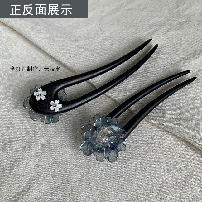 WHX Kẹp Tóc Chữ U Cổ Điển Pha Lê, Chất Liệu Mun, Phong Cách Trung Quốc