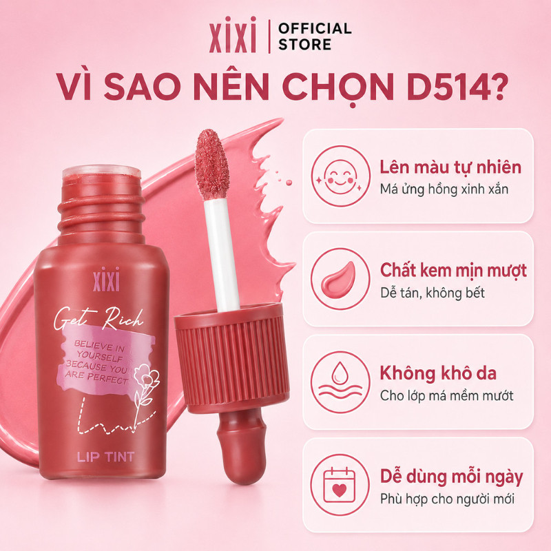 XIXI Kem Blush Tint – Soft Cloudy Finish · Xả tự nhiên · Blush lỏng lâu trôi D514