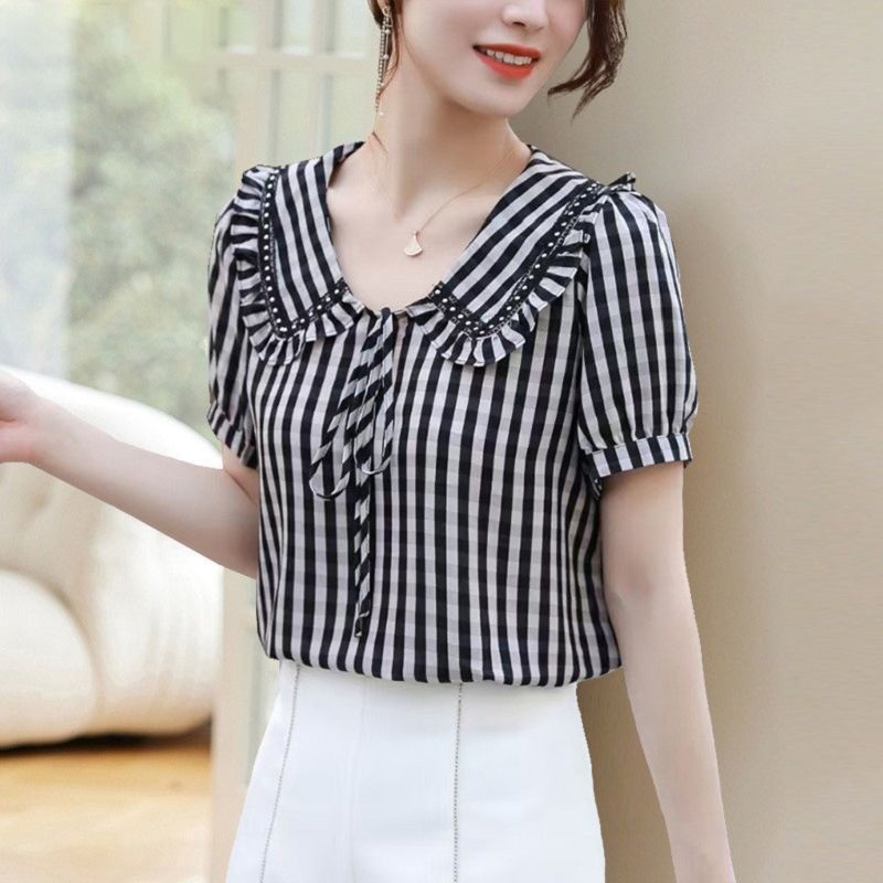 Áo thun voan đẹp và thời trang mùa hè mới phiên bản Hàn Quốc dáng rộng kẻ sọc cổ điển dành cho nữ