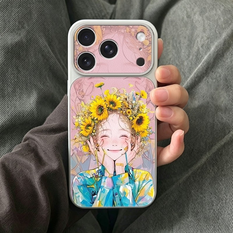 Ốp lưng cô gái vòng hoa hướng dương hồng phấn, chống sốc xinh hot cho nữ Camera Cấp iPhone 17/16/15/14/13/12/11/X/XS M