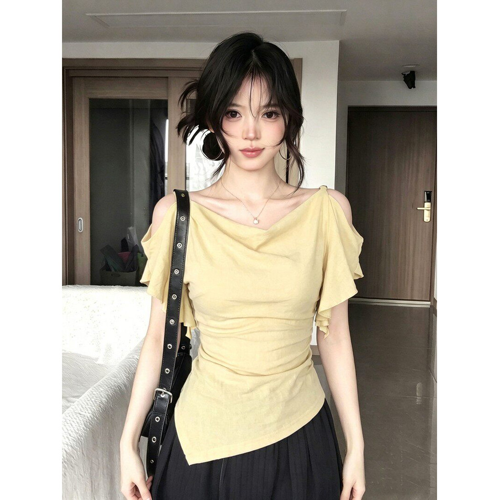 Áo thun trễ vai đơn giản màu trơn nhẹ nhàng dành cho nữ mùa hè mới 260604