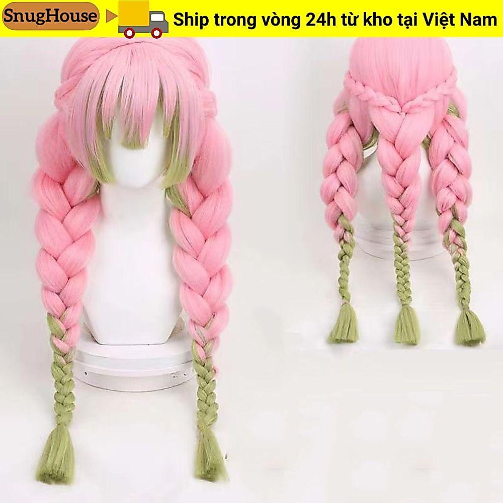 Đạo cụ cosplay tóc giả Mitsuri Kanroji Demon Slayer màu hồng xanh dài, phù hợp cho Halloween
