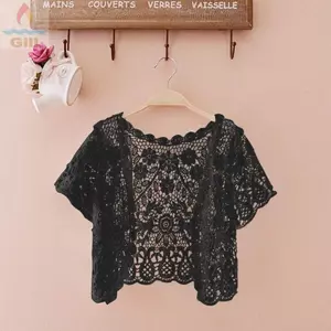 GILL Mũi Ren, Áo Khoác Mùa Hè Cô Dâu Tay Ngắn Màu Đen / Trắng, Phong Cách Crop Thanh Lịch Mở Phía Trước Họa Tiết Hoa Móc Hoa Dành Cho Nữ