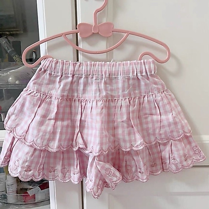 Màu hồng ngọt ngào kẻ sọc dễ thương bánh váy dành cho nữ kem thêu cao cấp nấm váy