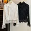 Áo NICOLOO Chấm Bi, Áo Sơ Mi Nữ Chấm Bi, Cổ Cao Thanh Lịch Ôm Vừa Vặn Ren Ruffle Top Trang Phục Công Sở