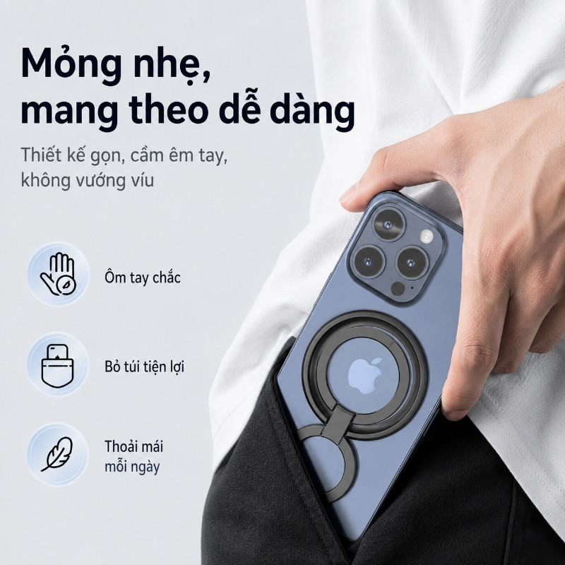 Giá Đỡ Điện Thoại 2 Trong 1 - Kết Hợp Vòng Từ Kép & Chân Gập, Tháo Rời Tiện Dụng, Tương Thích MagSafe