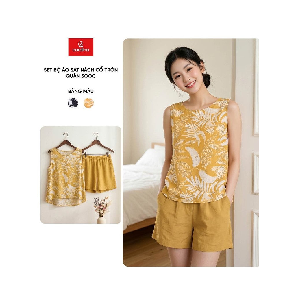 Bộ đồ nữ CARDINA chất liệu lanh áo sát nách cổ tròn và quần sooc 6SQN03