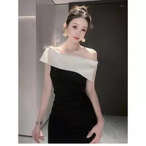 Phong cách Hepburn kiểu Pháp Màu tương phản cổ hẹp Váy mùa hè quây kiểu nữ thần