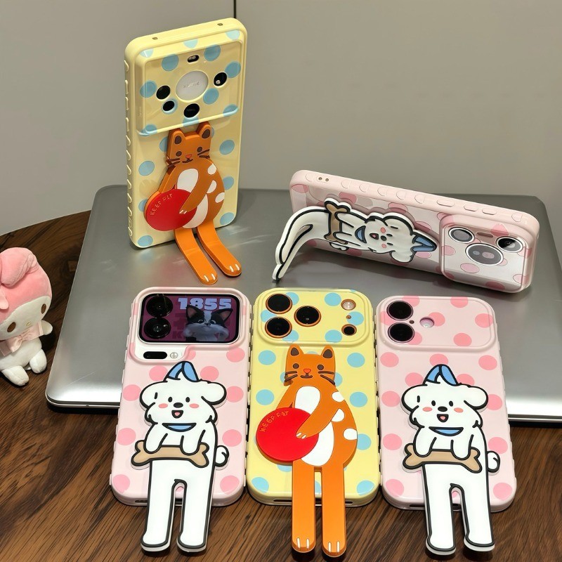 Ốp lưng iPhone hình mèo và cún chấm bi dễ thương kèm giá đỡ điện thoại iP - 11/12/13/14/15/16/17/Plus/Air/Pro/Max