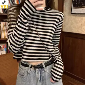 < YEI > Áo thun dài tay sọc màu tương phản thời trang dành cho nữ mới