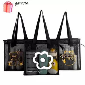 Túi Tote Đi Biển GAVESTO, Túi Rửa Hoa Hoạt Hình, Di Động Có Dây Kéo Nylon Lưới Trong Suốt Túi Nữ