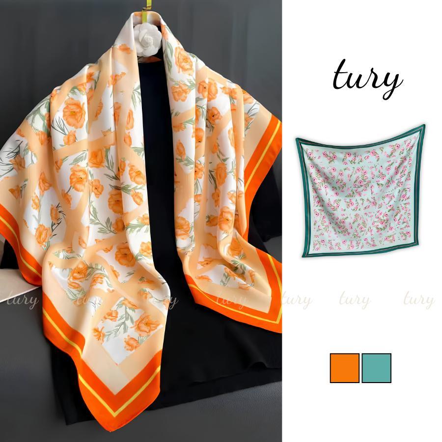 Khăn Lụa Nữ - Tury - Khăn Lụa Chiffon Nữ 90x90cm Phối Hoa Kẻ Cam Xanh - K9097