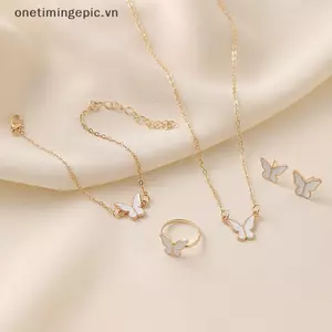 VFZ 1 Bộ Thời Trang Tinh Tế Đơn Giản Đa Năng Bướm Nelace Vòng Tay Bông Tai Nhẫn Dành Cho Nữ Cô Gái Tiệc Cưới Bộ Trang Sức Quà Tặng OTE