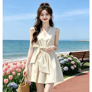 Đầm Vest không tay cổ hẹp sang trọng thời trang dành cho nữ Mùa hè Phong cách mới Cổ chữ V kiểu Pháp có dây buộc Mi