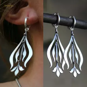 PNPIA- Vintage Lá Rỗng Bông Tai Hình Học Sáng Tạo Màu Bạc Tòn Ten Bông Tai Nữ Trang Sức