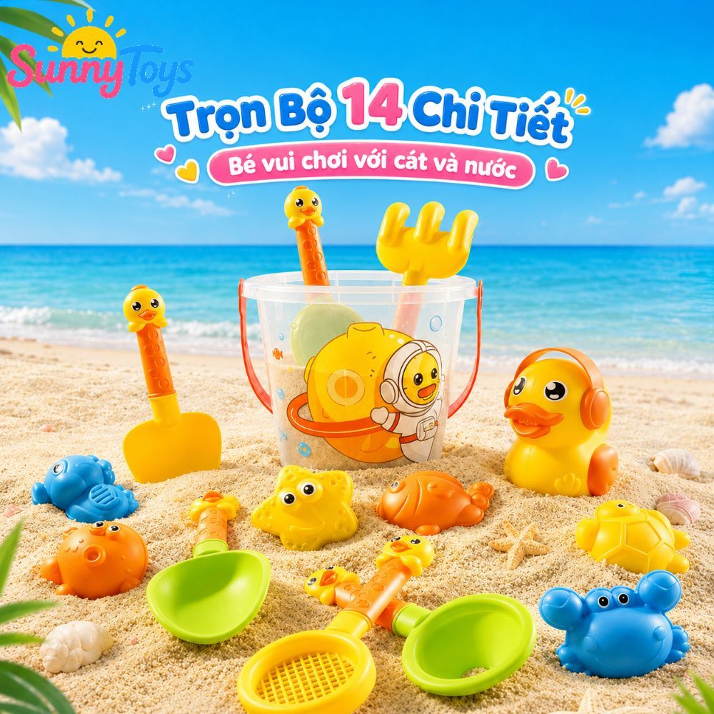 Bộ Đồ Chơi Cát Biển SunnyToys 14 Món - Xô Vịt Vàng, Xẻng Cát Và Bình Tưới Cho Bé