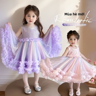 Đầm Công Chúa Cầu Vồng Cho Bé Gái Phối Lưới Bồng Bềnh - Váy Dự Tiệc Biểu Diễn Sang Trọng