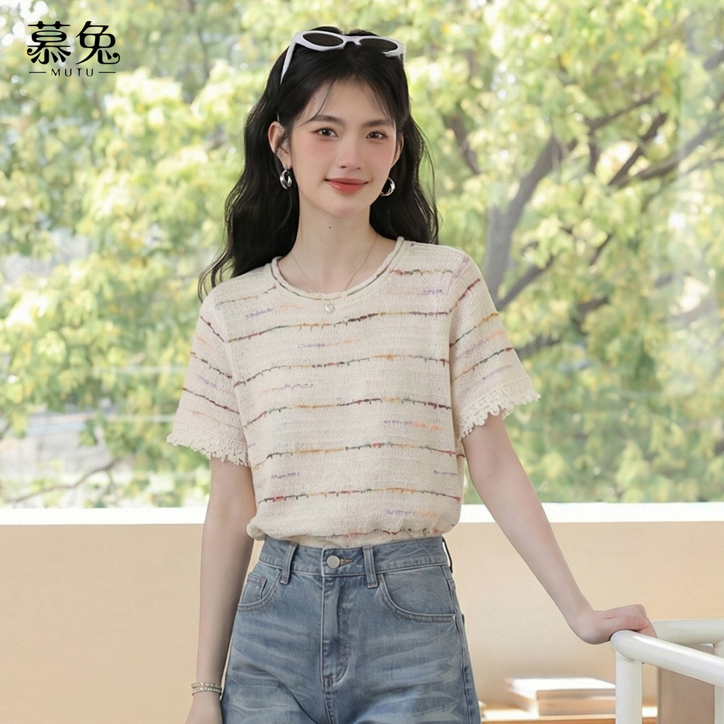 Mutu Retro Sọc Áo Len Ngắn Tay Phong Cách Mới Nữ 2026 Phong Cách Phương Tây Cổ Tròn Vai Trước Rời Sli
