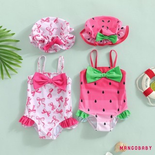 MG-Baby Girl Dưa Hấu In Đồ Bơi Dễ Thương Thời Trang Spaghetti Dây Đeo Đồ Bơi Không Tay Có Mũ