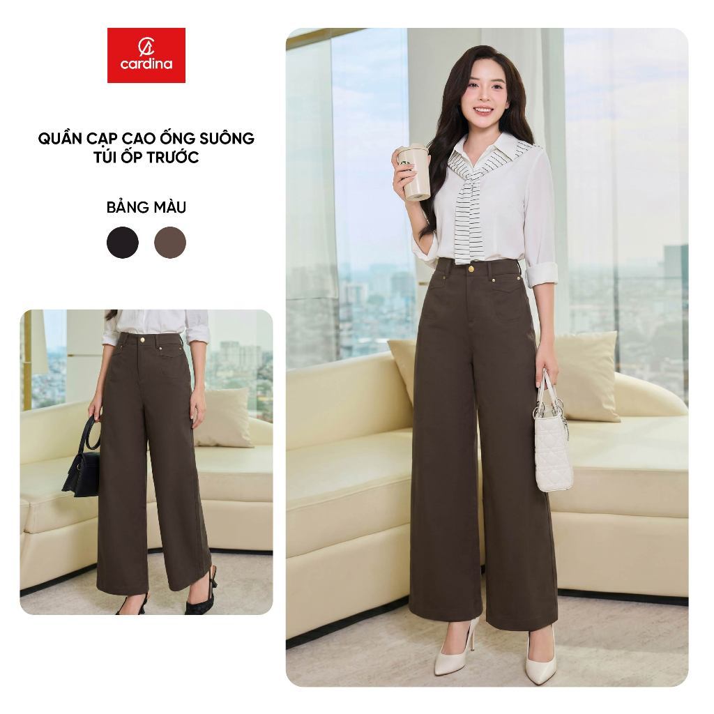 Quần dài nữ CARDINA chất liệu chéo XHS cạp cao ống suông túi ốp trước 6QDT17