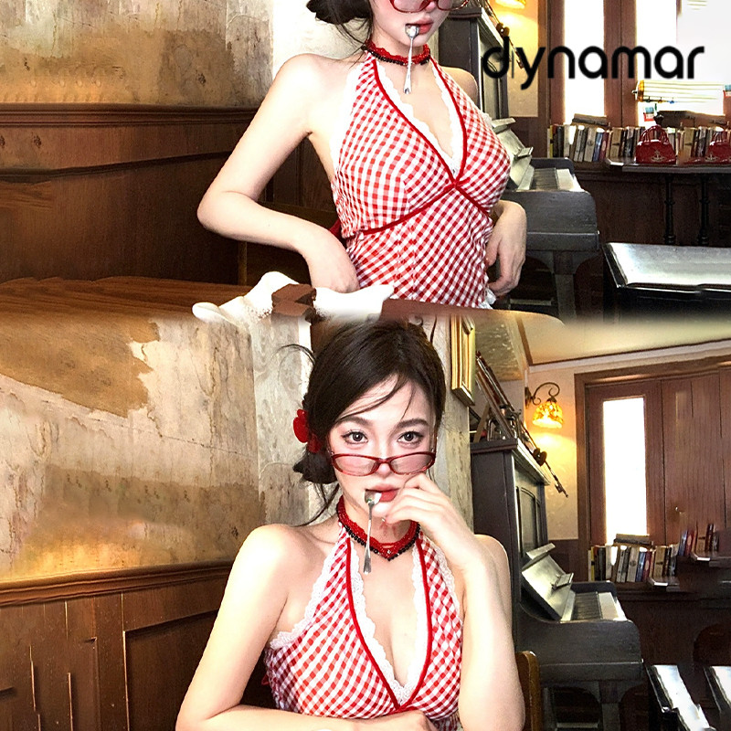 【dynamar】Áo hai dây kẻ caro nữ mùa hè, phối ren, cổ chữ V, kiểu dáng gợi cảm, quyến rũ.