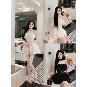 ĐẦM REN 2 DÂY CHOÀNG CỔ PHỐI TƠ PHỒNG XOÈ, 2màu BYJOLIE