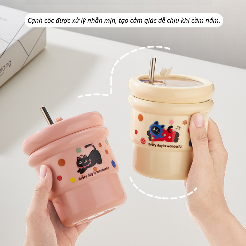 Cốc Uống Nước Inox 304 420ml KOOBEE - Ly 2 Lớp Kèm Ống Hút, Nắp Chống Tràn, Dùng Văn Phòng, Cho Bé| 390