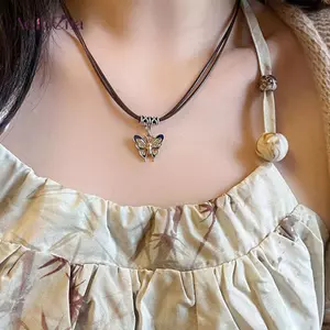 AqToCna Vintage Xanh Bướm Mặt Dây Chuyền Nelace Cho Nữ Punk Thời Trang Dây Da Choker Nelaces Hợp Thời Trang Xương Đòn Dây Xích AqToCna