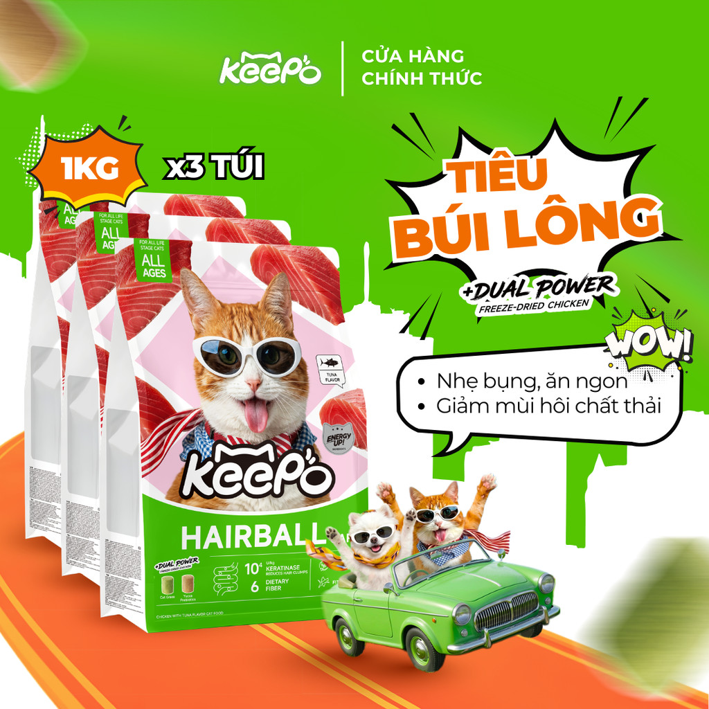 Thức ăn cho mèo KEEPO K2 Combo 3 Gói 1KG giảm rụng lông kiểm soát mùi hôi chất thải ăn ngon nhẹ bụng