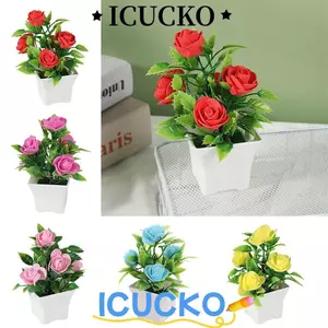 ICUCKO Cây trồng trong chậu hoa hồng nhân tạo, có chậu Hoa nhân tạo Miniscape, Màu sắc rực rỡ Cây giả thực tế Trang trí tiệc cưới