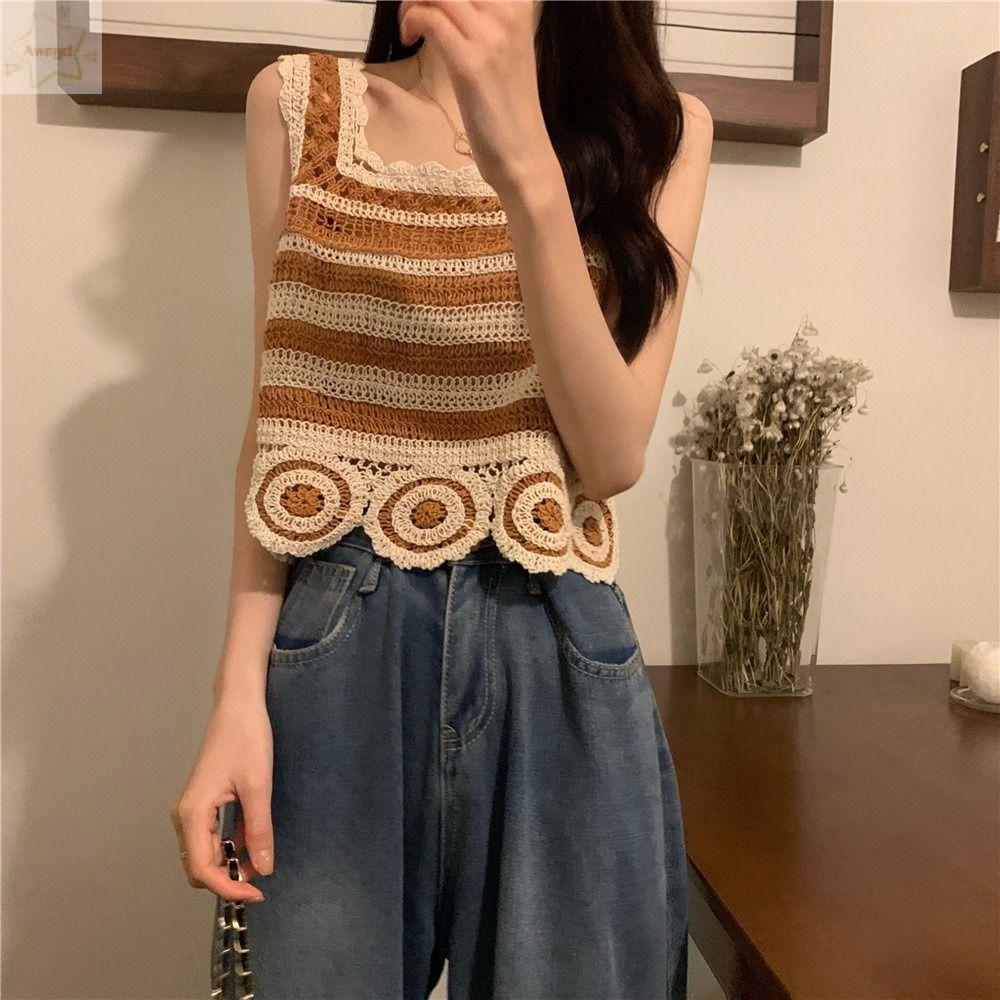 Áo Crop top AWNGD, Áo Vest dệt kim không tay cổ điển, họa tiết thêu thời trang Móc ngắn thanh lịch Bohemia