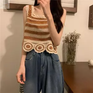 Áo Crop top AWNGD, Áo Vest dệt kim không tay cổ điển, họa tiết thêu thời trang Móc ngắn thanh lịch Bohemia