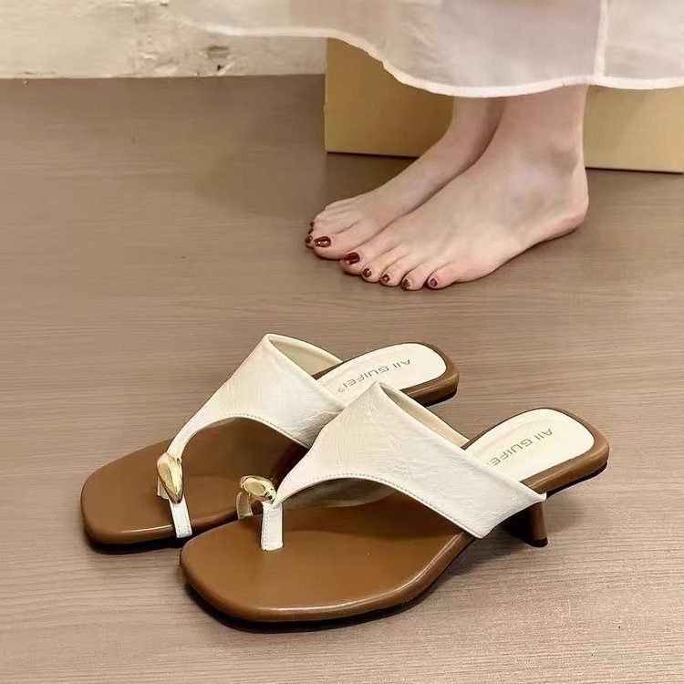 Dép xỏ ngón mũi vuông mùa hè phong cách Hàn Quốc Dép cao gót PU nữ chống trượt mặc ngoài chống mài mòn